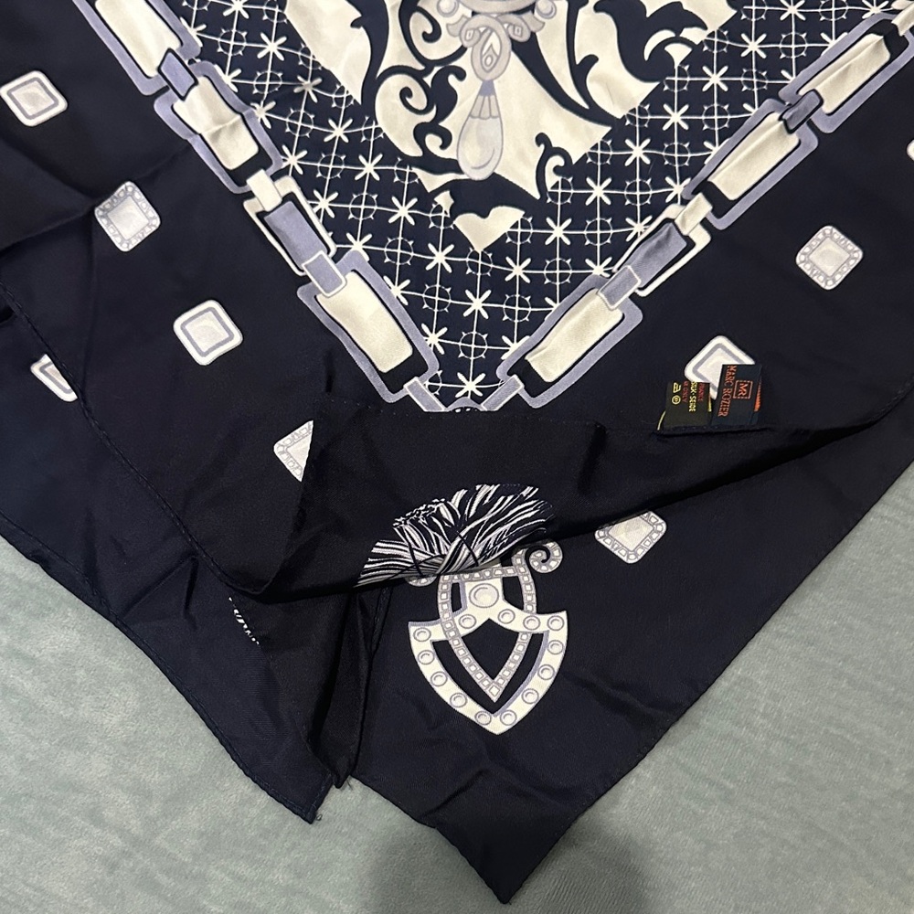 Marc Rozier Vintage Paris 100% Silk Navy & White Silk Patterned 34” Square Scarf